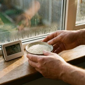 Handen plaatsen kom rijst naast digitale hygrometer op vensterbank voor vochtmeting, condensatie zichtbaar op raam
