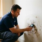 Professionele vochtinspecteur onderzoekt waterschade aan muur met digitale vochtmeter, donkere vlekken zichtbaar op witte wand