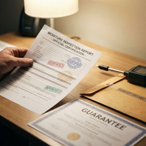 Vochtinspectie rapport met certificering in aannemerhand, naast meetapparatuur en garantiedocument op houten tafel