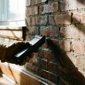 Professionele vochtmeter meet waterschade op verweerde bakstenen muur met opstijgend vocht en condensatie