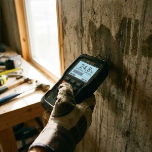 Professionele vochtmeter toont digitale meetwaarden tegen betonnen muur met vochtvlekken, bouwgereedschap op achtergrond