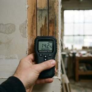 Professionele vochtmeter toont digitale meetwaarden tegen doorsnede van bouwmaterialen met droge en vochtige zones