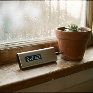 Moderne vochtmeter met digitaal display op houten vensterbank naast plantje, sensor in potgrond, condensatie op raam