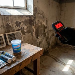 Hand houdt vochtmeter tegen kelderMuur met watervlekken, DIY-producten op werkbank, daglicht door raam