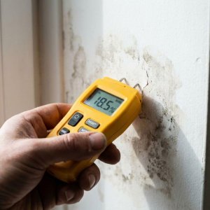 Professionele vochtmeter tegen beschadigde muur met watervlekken, digitaal display zichtbaar, hand houdt geel apparaat vast