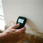 Hand houdt vochtmeter tegen muur met waterschade en afbladderende verf, meter toont hoge vochtniveaus
