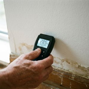 Hand houdt vochtmeter tegen muur met waterschade en afbladderende verf, meter toont hoge vochtniveaus