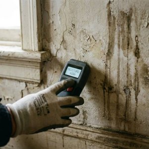 Professionele vochtmeter meet waterschade aan beschadigde muur met vlekken en condensatie