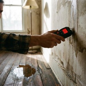 Hand met vochtmeter tegen beschadigde muur met watervlekken, afbladderende verf en vervormde houten vloer
