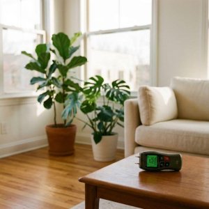 Vochtmeter op salontafel toont normale waarden in moderne woonkamer met droge houten vloeren en witte muren