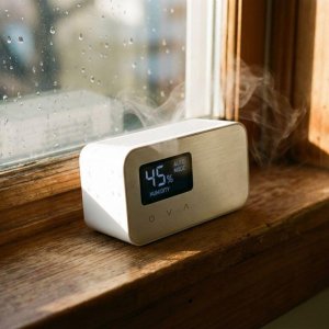 Moderne elektronische vochtigheidsregelaar met digitaal display op houten vensterbank naast waterdruppels op glas