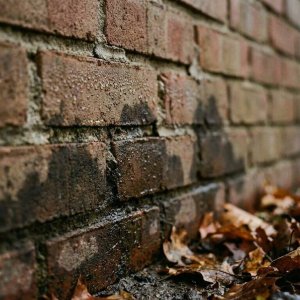 Bakstenen muur met vochtschade en donkere watervlekken, condensdruppels en herfstbladeren aan de basis
