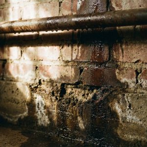 Doorsnede van bakstenen muur met vochtschade aan de basis en condensatie van metalen buis, dramatische belichting