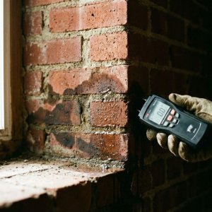 Professionele vochtmeter meet waterschade aan bakstenen muur met donkere vlekken en vochtdruppels zichtbaar