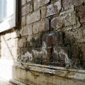Bakstenen muur met vochtschade en watervlekken vanaf de fundering, vervormde houten plint door langdurige blootstelling
