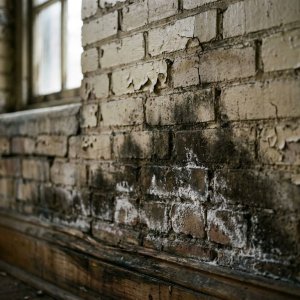 Bakstenen muur met vochtschade, witte uitbloeiing en donkere vlekken van opstijgend vocht bij de fundering