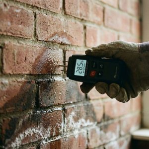 Vochtmeter meet vochtschade op bakstenen muur met witte zoutuitslag en donkere vlekken vanaf fundering