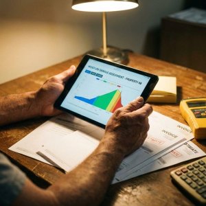 Aannemer houdt tablet met vochtschade-evaluatiegegevens vast boven bureau met facturen, vochtmeter en rekenmachine