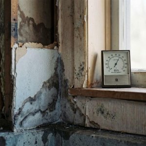 Doorsnede van huismuur met vochtschade en watervlekken vanaf fundering, hygrometer toont hoge luchtvochtigheid