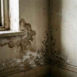 Vochtige muurhoek met watervlekken, zoutkristallen en schimmelplekken bij raamkozijn in natuurlijk daglicht