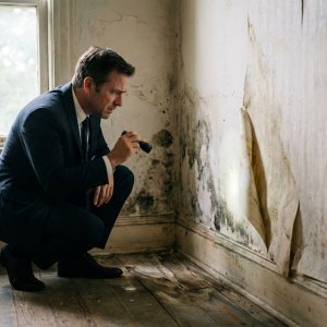 Verhuurder onderzoekt vochtschade in hoekwand met donkere vlekken, loslaten behang en vervormde vloerplanken