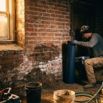 Aannemer onderzoekt vochtschade aan bakstenen muur met injectieboormachine en vochtbarrière materiaal