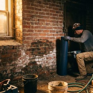 Aannemer onderzoekt vochtschade aan bakstenen muur met injectieboormachine en vochtbarrière materiaal