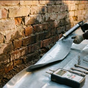 Doorsnede bakstenen muur met vochtschade en installatie van moderne vochtbarrière bij fundering