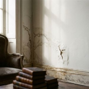 Vochtschade aan witte muur in woonkamer met donkere watervlekken, afbladderende verf en verwrongen plinten