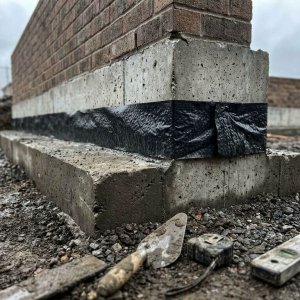 Doorsnede van bouwfundatie met waterdichte membraan tussen betonlagen aan basis van bakstenen muur op bouwplaats