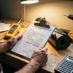 Aannemer houdt kostenraming voor vochtscherm installatie vast op werkbank met gereedschap en materiaalmonsters
