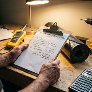 Aannemer houdt kostenraming voor vochtscherm installatie vast op werkbank met gereedschap en materiaalmonsters