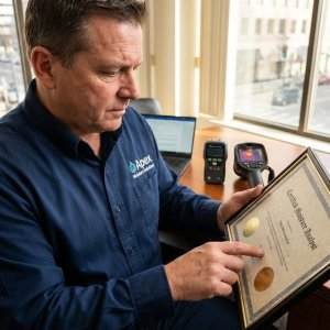 Vochtbeheersing specialist bestudeert officieel certificaat in moderne kantooromgeving met detectieapparatuur op bureau