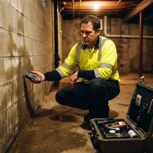 Vochtspecialist onderzoekt kelderمuur met digitale vochtmeter, waterschadevlekken zichtbaar op betonnen oppervlak