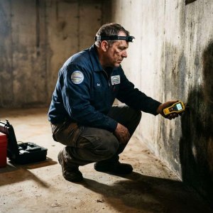 Vochtspecialist onderzoekt keldervochtproblemen met digitale vochtmeter, waterschadevlekken zichtbaar op betonnen muur