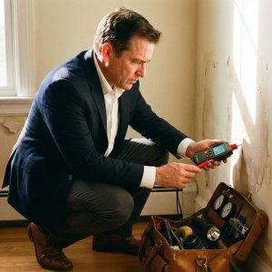 Vochtspecialist onderzoekt muur met digitale vochtmeter, gereedschapskoffer open naast hem in natuurlijk licht