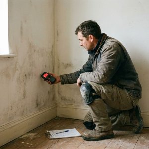 Vochtspecialist onderzoekt vochtige muur met digitale vochtmeter, watervlekken en schimmel zichtbaar op witte wand