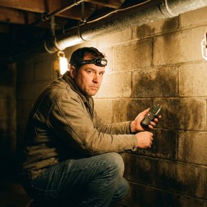 Professionele inspecteur onderzoekt waterschade aan kelderמuur met vochtmeter, donkere vlekken zichtbaar op beton