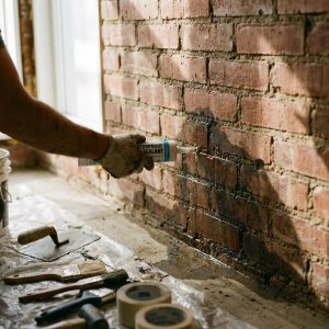 Bouwvakker past witte waterdichte kit toe op vochtige bakstenen muur met vochtplekken, gereedschap op zeil eronder