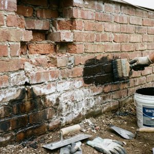 Aannemer brengt waterdichte coating aan op bakstenen muur met vochtschade en uitbloeiingen aan de basis