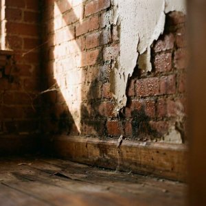 Waterschade aan bakstenen muur met afbladderende verf, vocht en vervormde houten vloerplanken in hoek