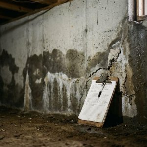 Doorsnede van huisfundament met waterschade en vochtplekken, vastgoedtaxatieklembord tegen beschadigde betonnen muur