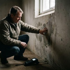 Huiseigenaar onderzoekt donkere watervlekken op witte keldermuur met vochtmeter op de vloer