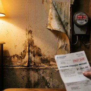 Waterschade aan binnenmuur met vochtplekken vanaf fundering, energiemeter toont hoog verbruik, hand houdt energierekening vast