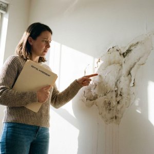 Huurder wijst naar waterschade op appartementmuur terwijl hij huurcontract vasthoudt, zichtbare vochtplekken en afbladderende verf