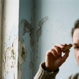 Waterschade aan binnenmuur met schimmelplekken en vochtdruppels, persoon ruikt aan glazen buisje voor geurdetectie