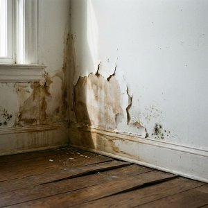 Waterschade aan witte muur met bruine vlekken, afbladderende verf, schimmel en verwrongen houten vloer bij plinten