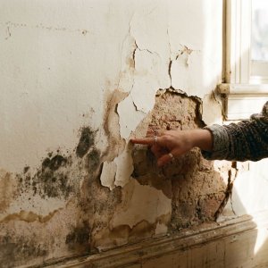 Waterschade aan binnenmuur met afbladderende verf en vochtplekken, hand wijst naar beschadigde pleisterwerk