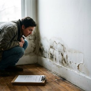 Huiseigenaar onderzoekt donkere watervlekken en vochtschade aan onderkant van witte binnenmuur met afbladderende verf