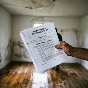 Huiseigenaar houdt verzekeringsdocument vast in woonkamer met waterschade aan muren en vloer